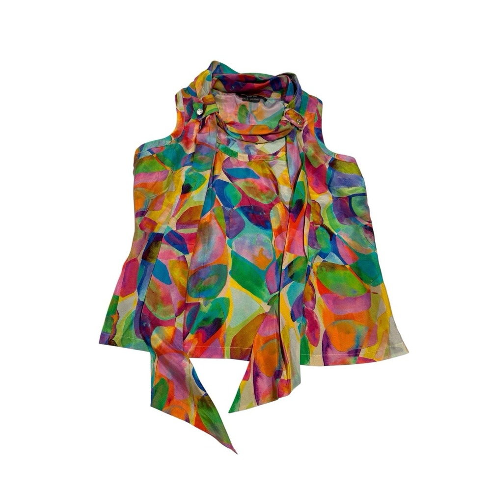 Per Se Silk sailor-tie sleeveless style with a colorful Blouse Women's US 0/UK 2